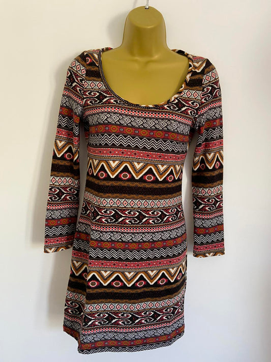 New Look Size Small Red & Black Aztec Tribal Geometric T-Shirt Mini Dress
