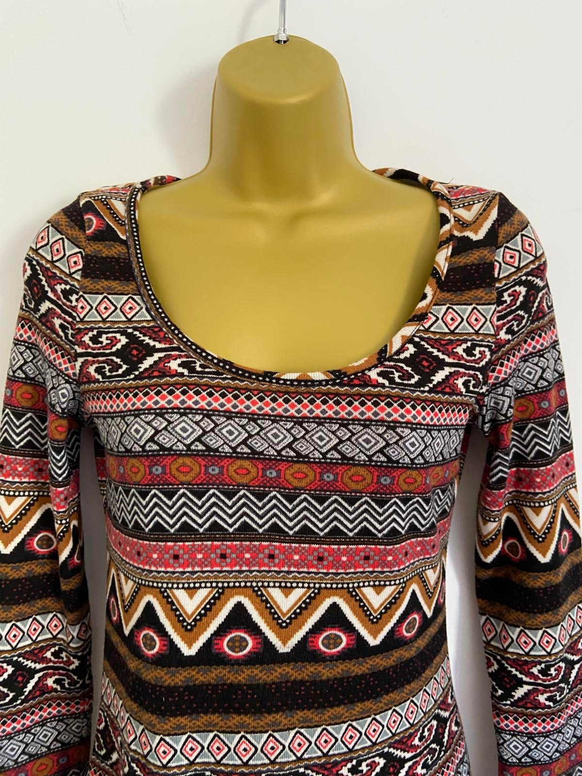 New Look Size Small Red & Black Aztec Tribal Geometric T-Shirt Mini Dress