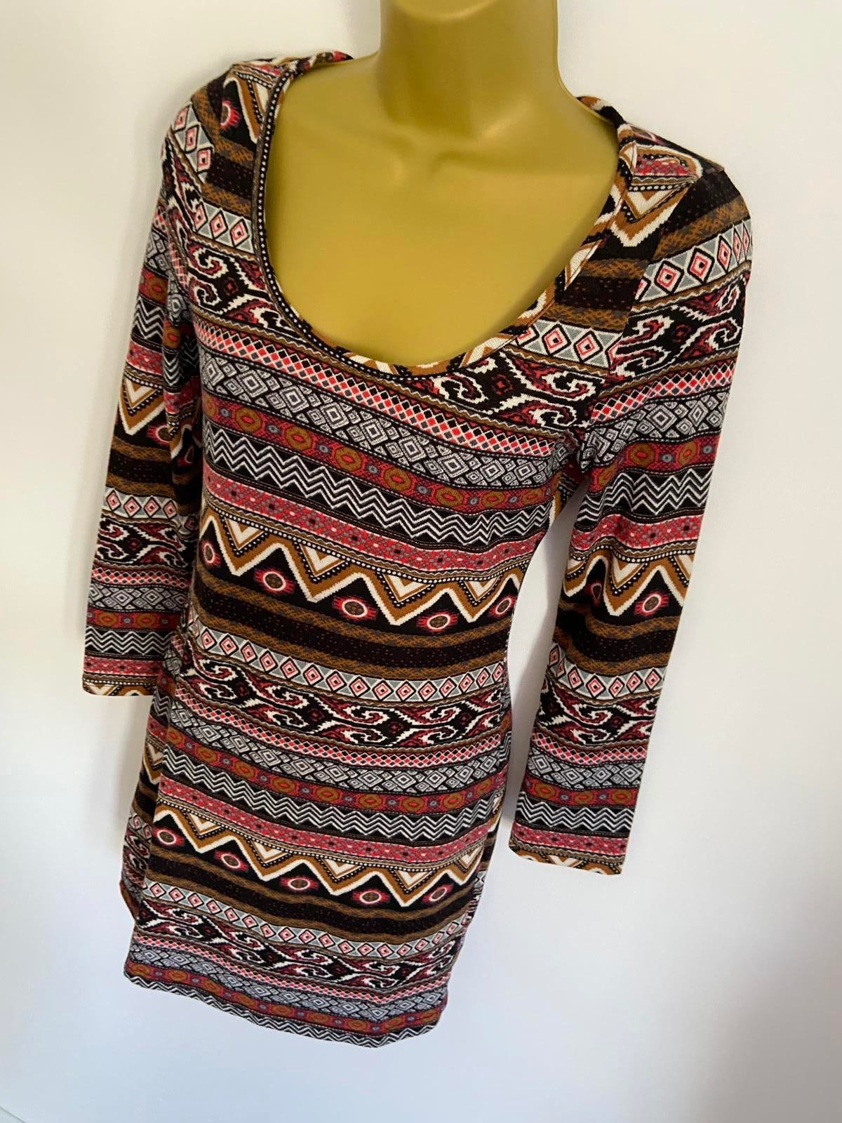 New Look Size Small Red & Black Aztec Tribal Geometric T-Shirt Mini Dress