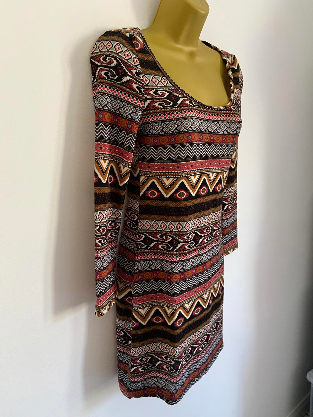 New Look Size Small Red & Black Aztec Tribal Geometric T-Shirt Mini Dress