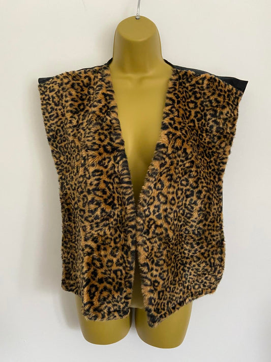 Leopard Print Faux Fur Waistcoat Black Adjustable Back Size Small