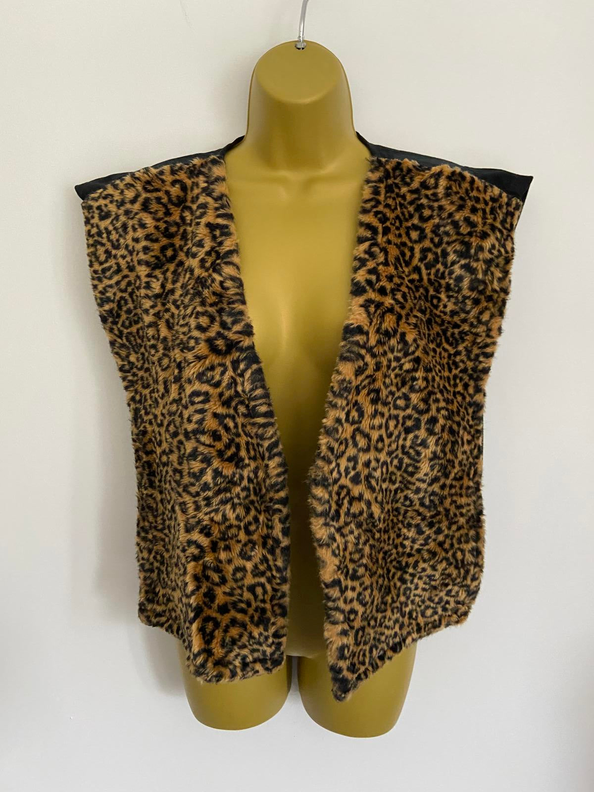 Leopard Print Faux Fur Waistcoat Black Adjustable Back Size Small