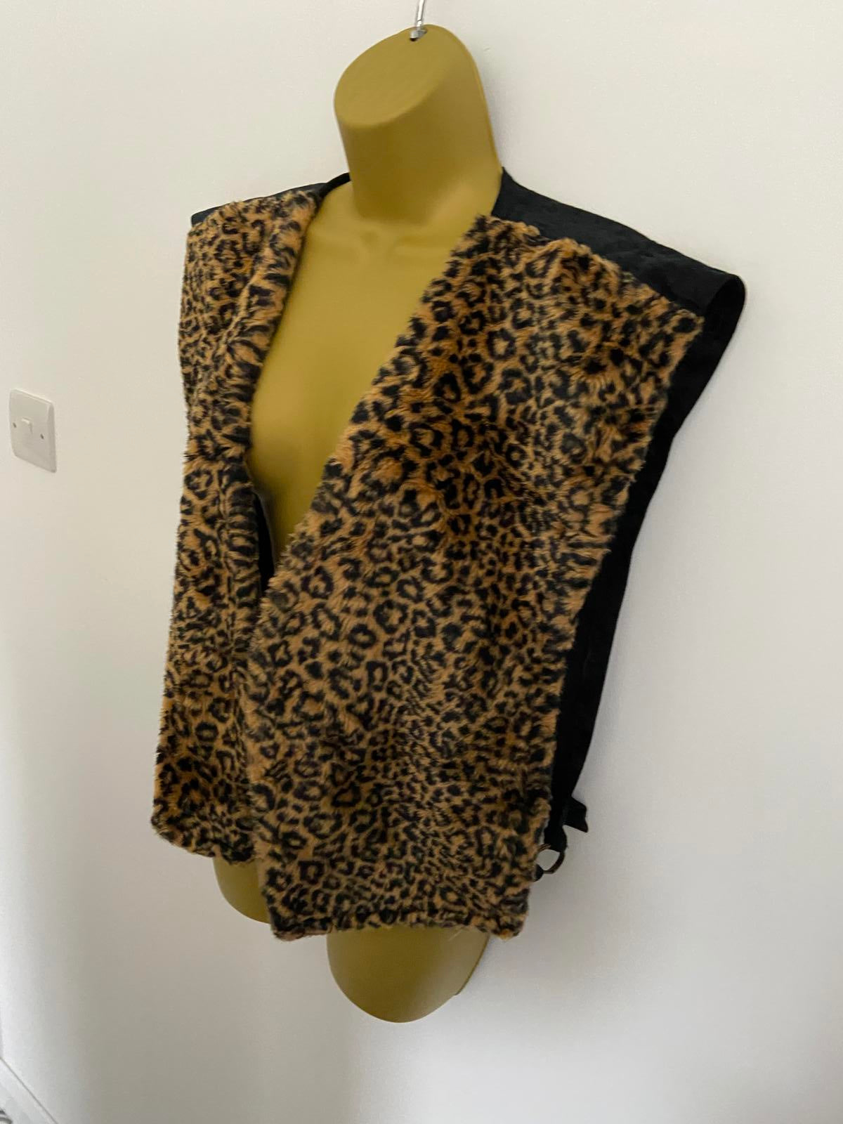 Leopard Print Faux Fur Waistcoat Black Adjustable Back Size Small