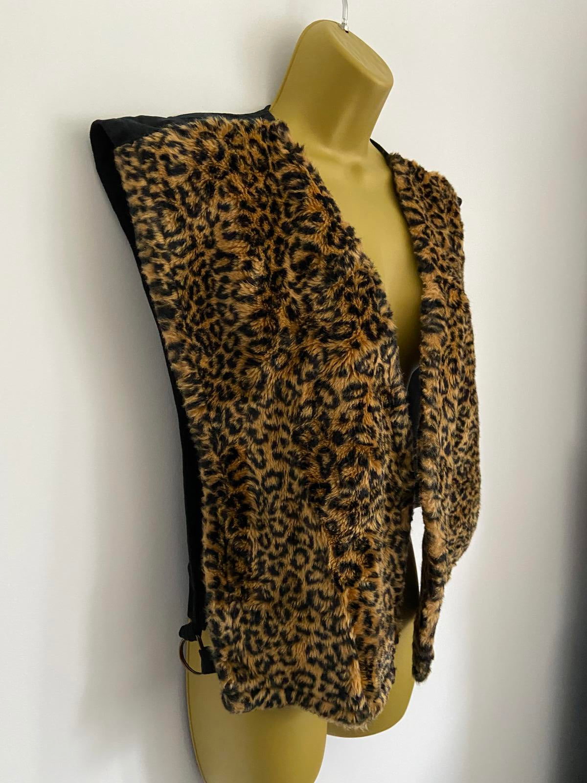 Leopard Print Faux Fur Waistcoat Black Adjustable Back Size Small