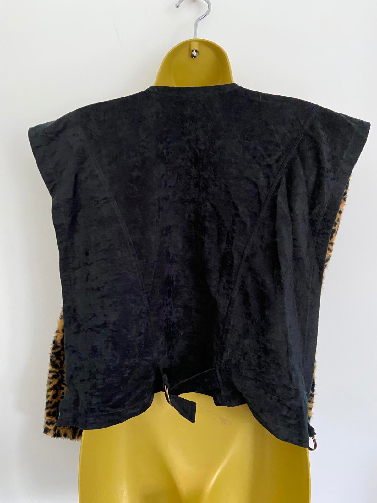 Leopard Print Faux Fur Waistcoat Black Adjustable Back Size Small