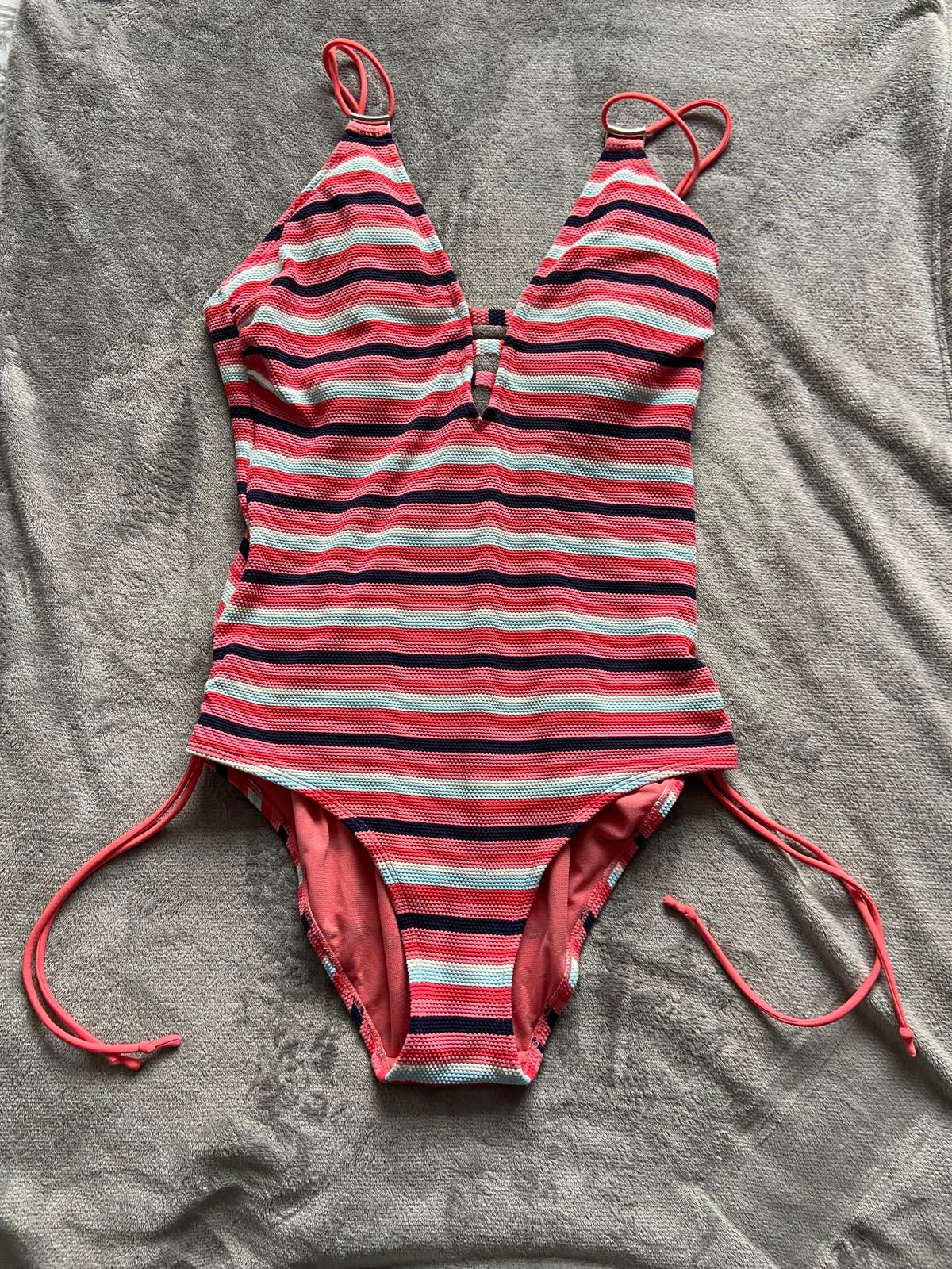 M&S Size 16 Pink & Navy Striped Textured Plunge Neck One Piece Swimsuit