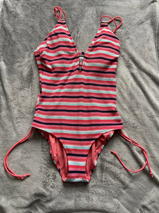 M&S Size 16 Pink & Navy Striped Textured Plunge Neck One Piece Swimsuit