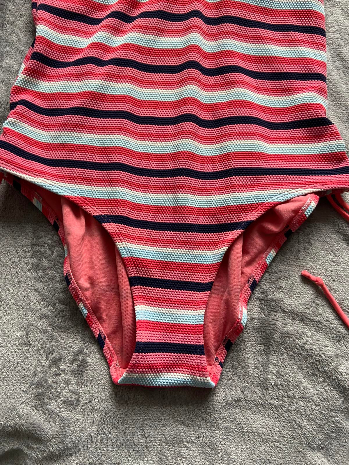M&S Size 16 Pink & Navy Striped Textured Plunge Neck One Piece Swimsuit
