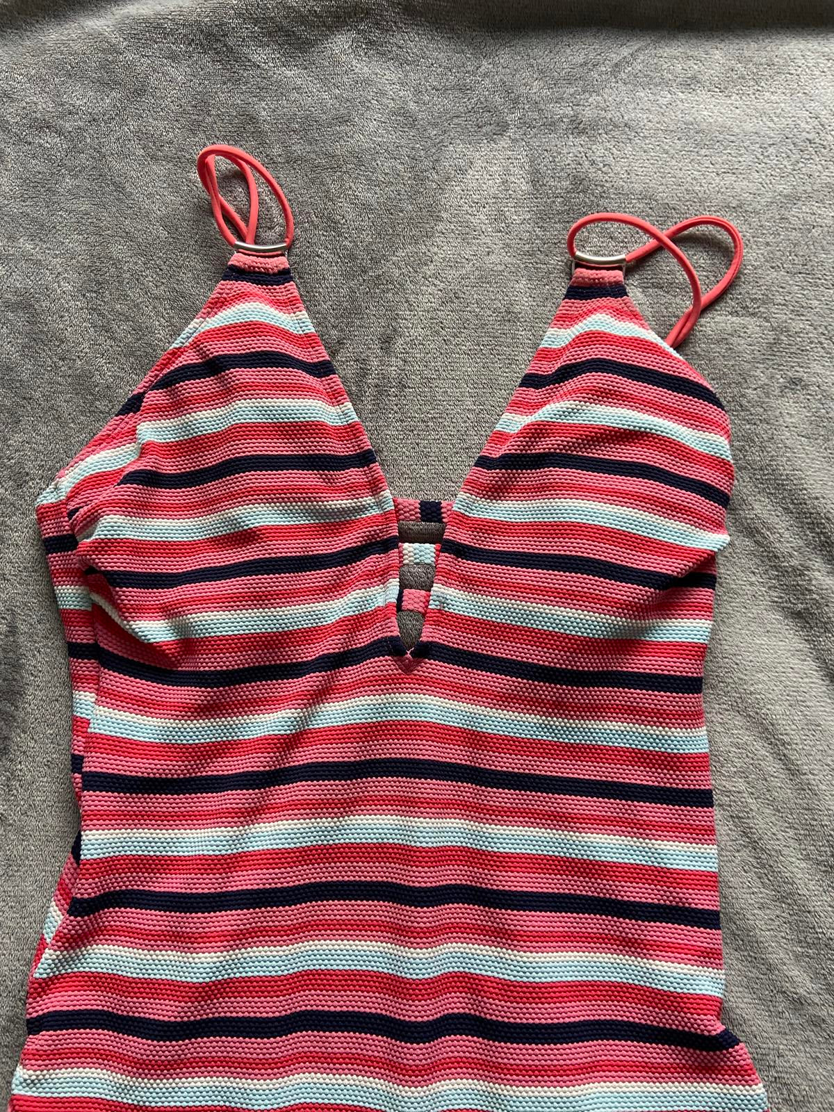 M&S Size 16 Pink & Navy Striped Textured Plunge Neck One Piece Swimsuit