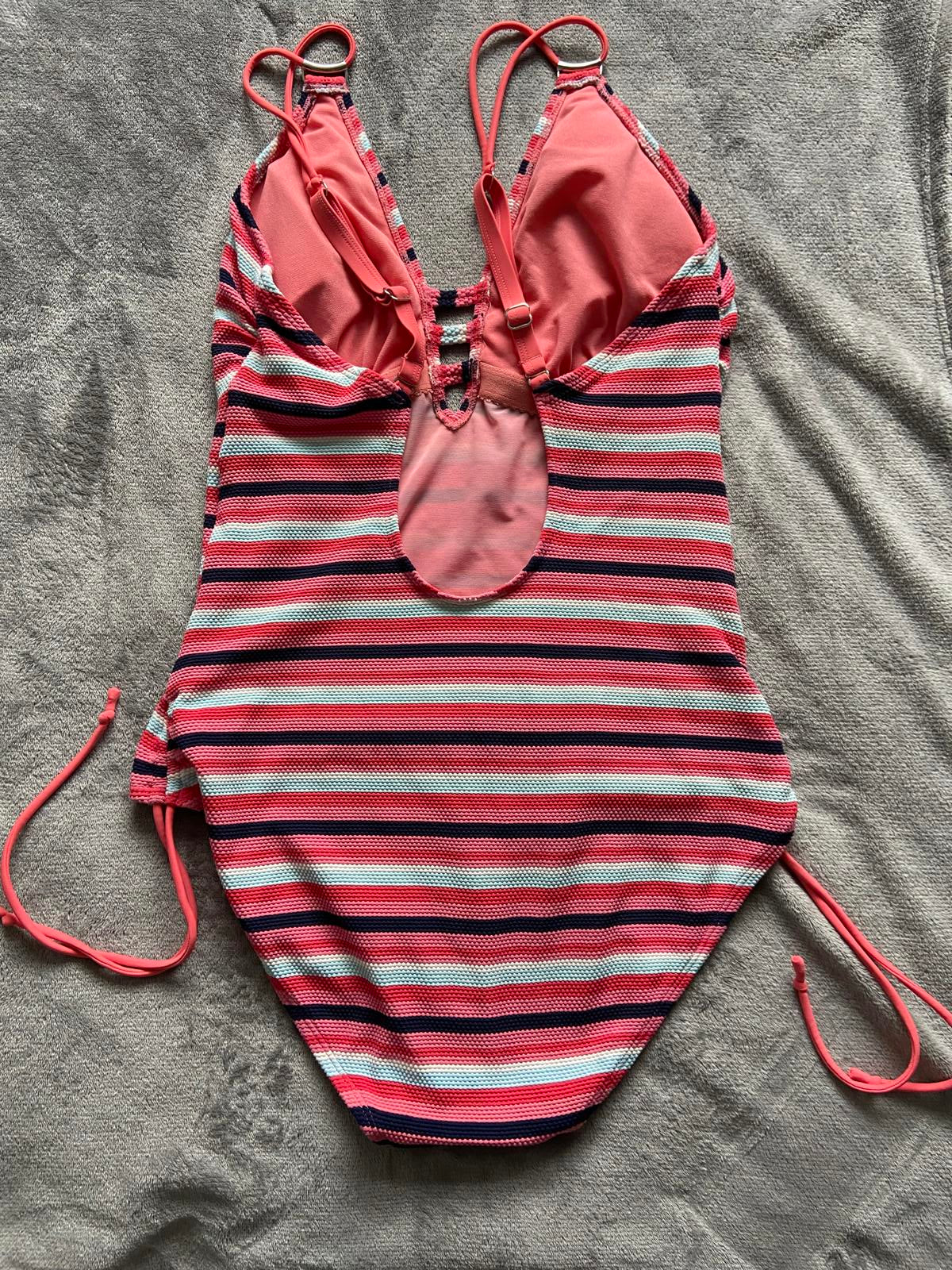 M&S Size 16 Pink & Navy Striped Textured Plunge Neck One Piece Swimsuit