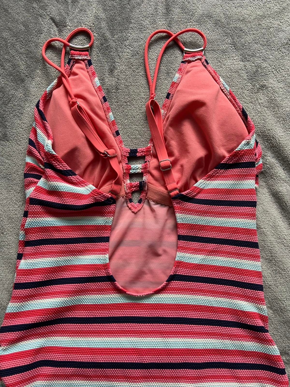 M&S Size 16 Pink & Navy Striped Textured Plunge Neck One Piece Swimsuit