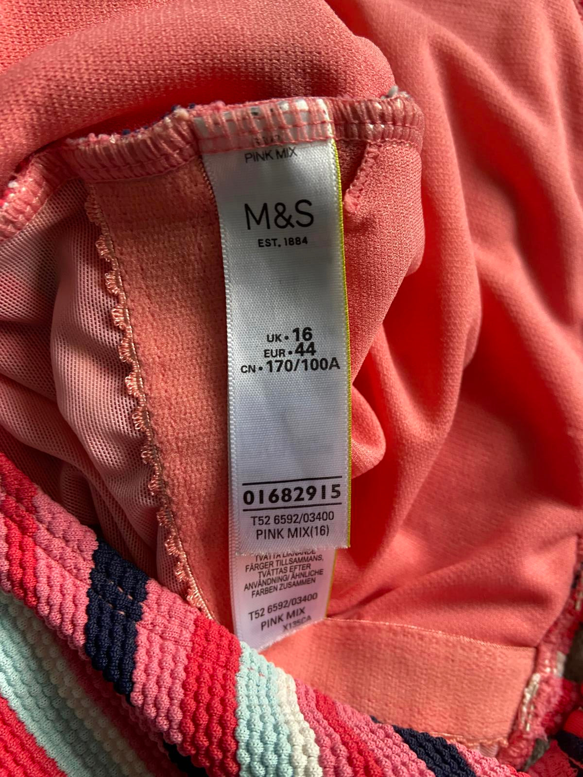 M&S Size 16 Pink & Navy Striped Textured Plunge Neck One Piece Swimsuit