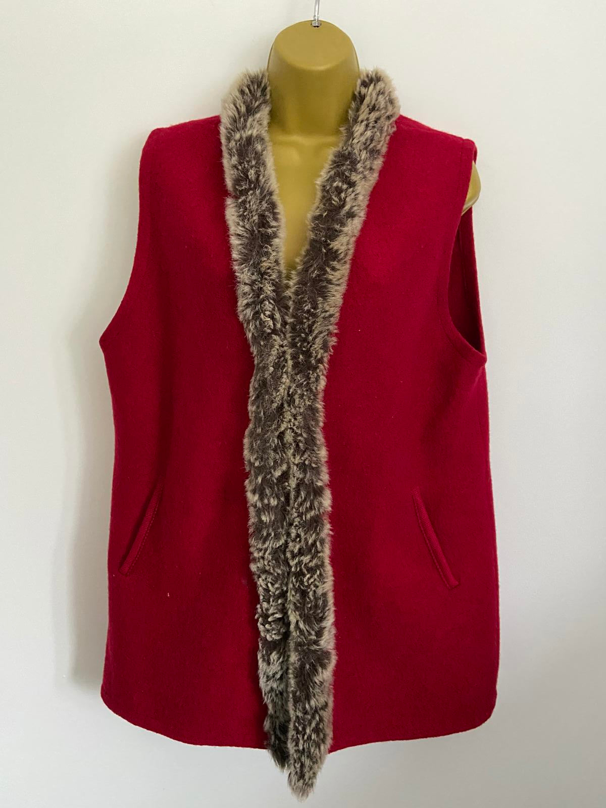 Rosedita Bles Size Medium Red 100% Wool Waistcoat Gilet with Faux Fur Trim