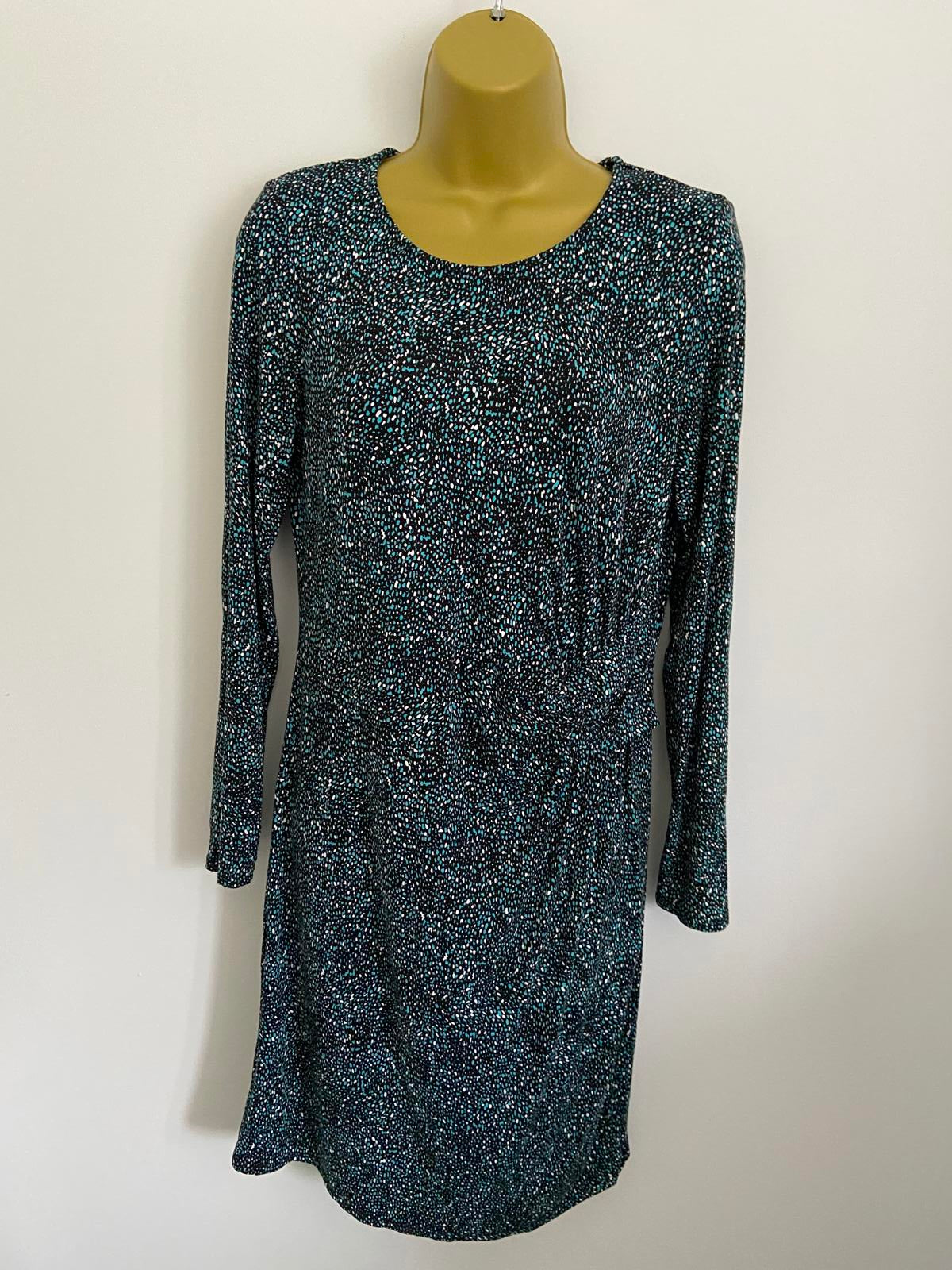 M&Co Size 14 Turquoise Black & White Abstract Print Knot Waist Jersey Dress