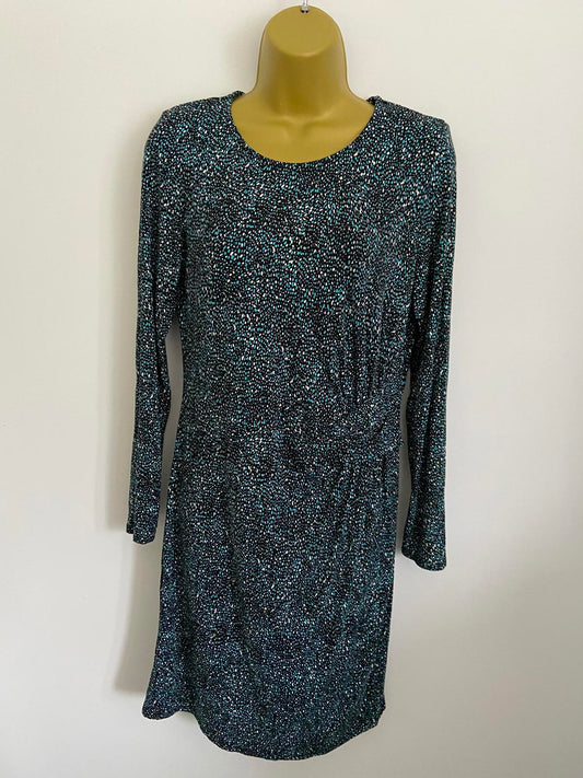 M&Co Size 14 Turquoise Black & White Abstract Print Knot Waist Jersey Dress