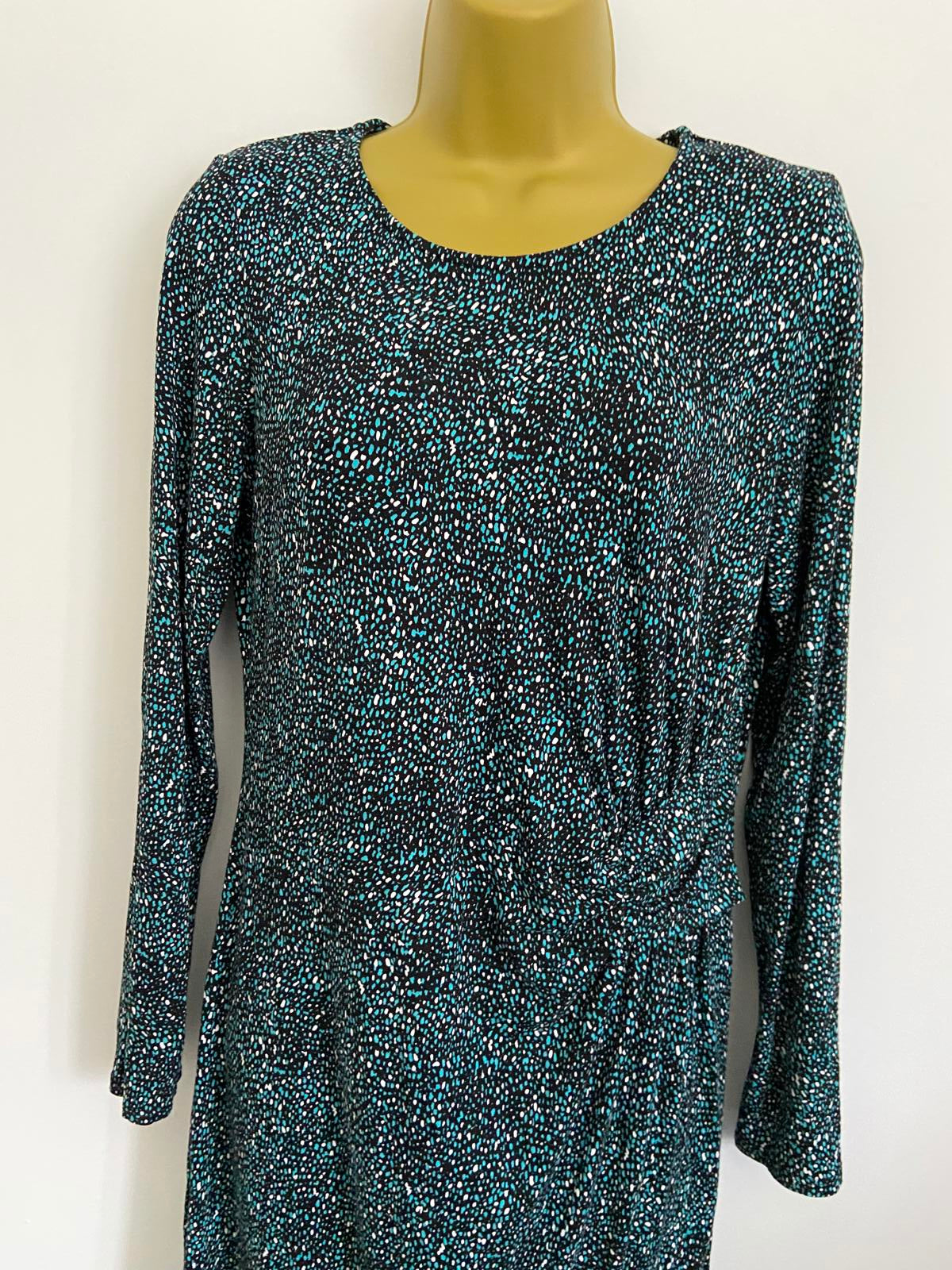 M&Co Size 14 Turquoise Black & White Abstract Print Knot Waist Jersey Dress