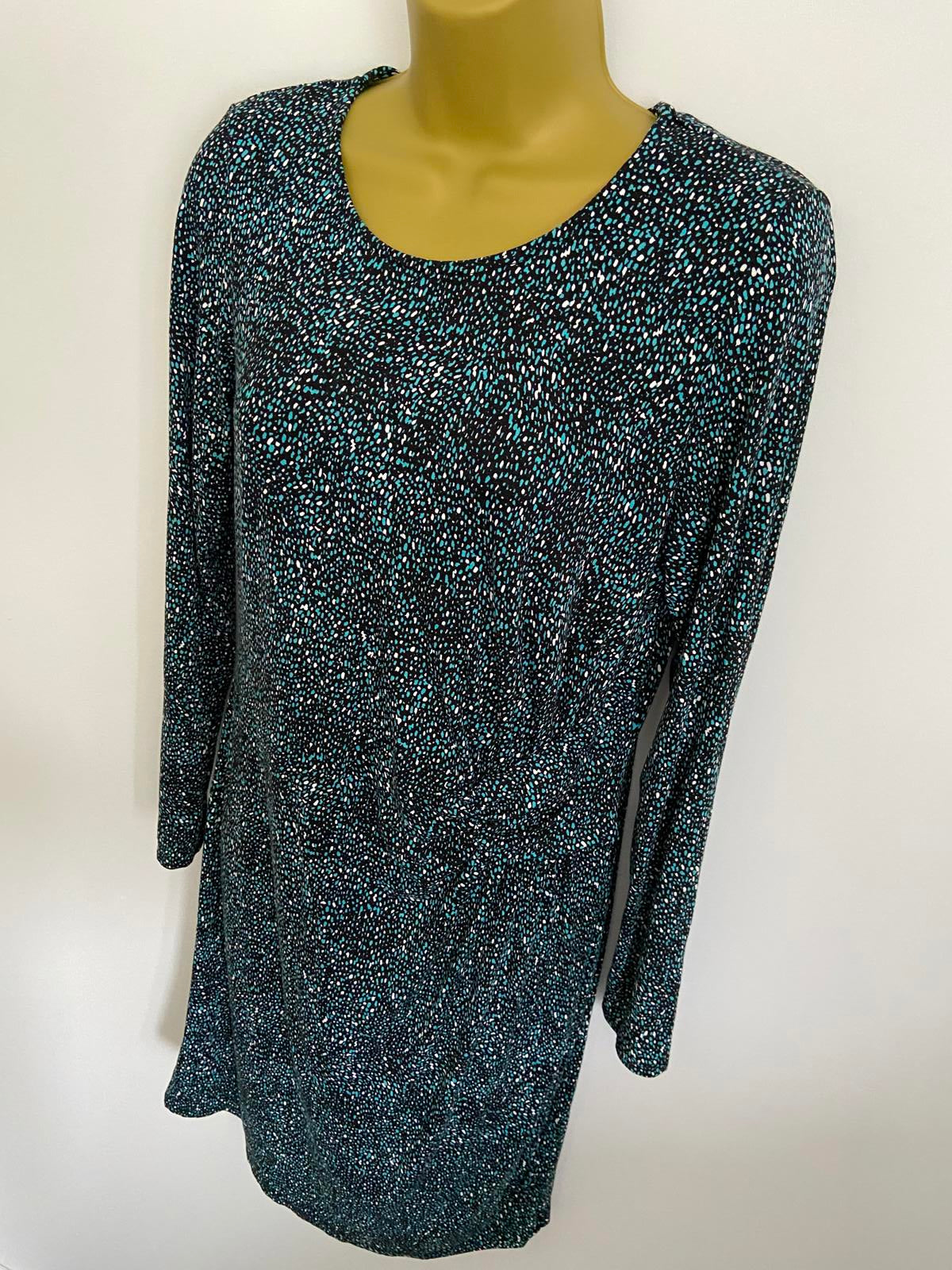 M&Co Size 14 Turquoise Black & White Abstract Print Knot Waist Jersey Dress