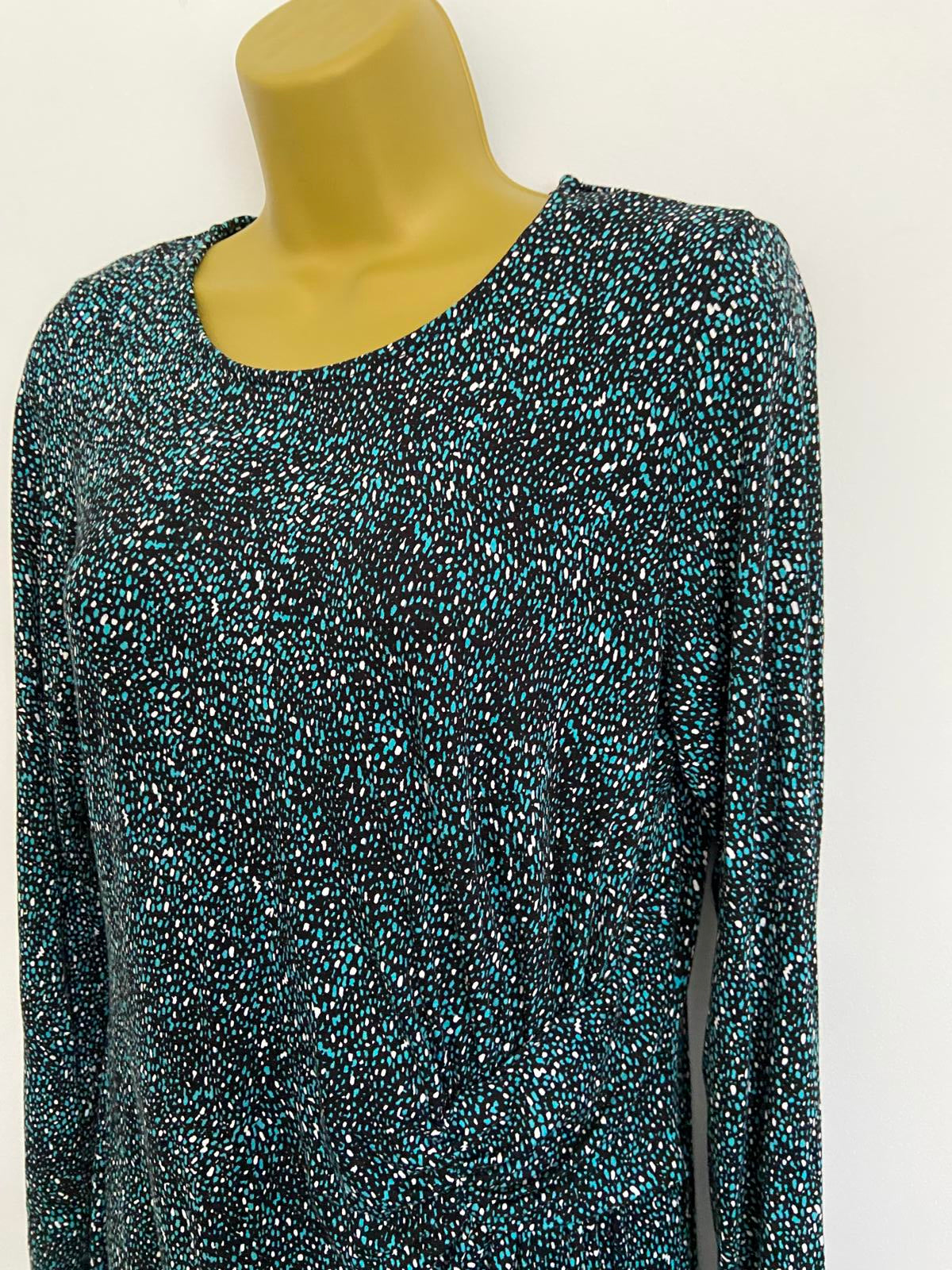 M&Co Size 14 Turquoise Black & White Abstract Print Knot Waist Jersey Dress