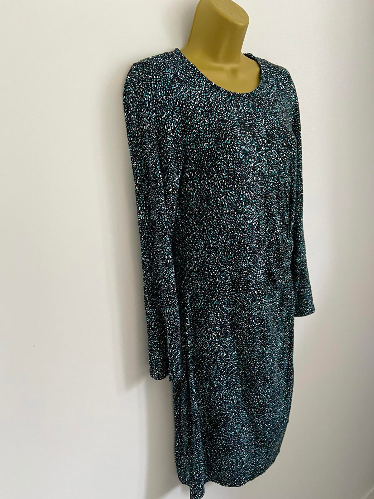 M&Co Size 14 Turquoise Black & White Abstract Print Knot Waist Jersey Dress