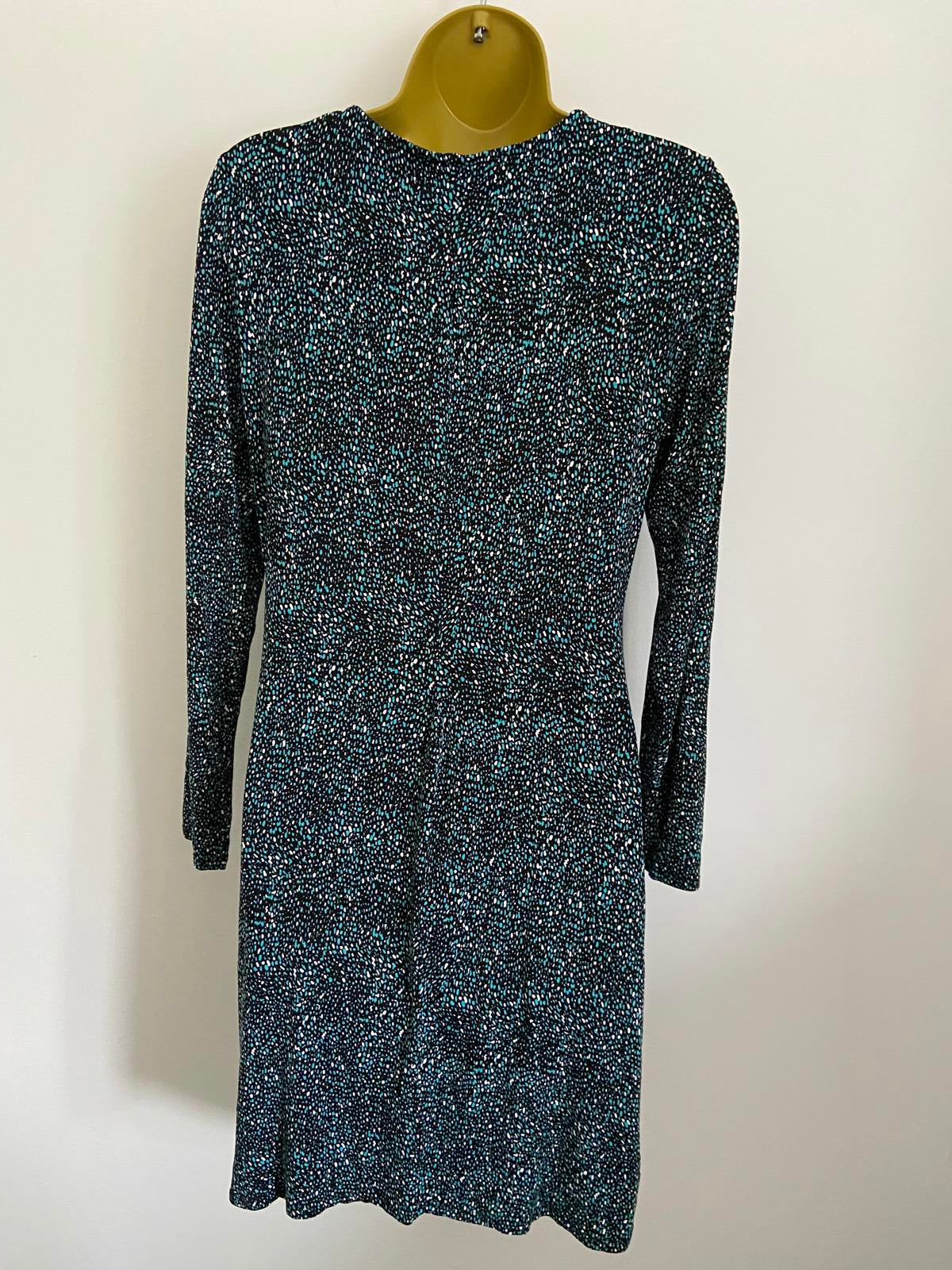 M&Co Size 14 Turquoise Black & White Abstract Print Knot Waist Jersey Dress
