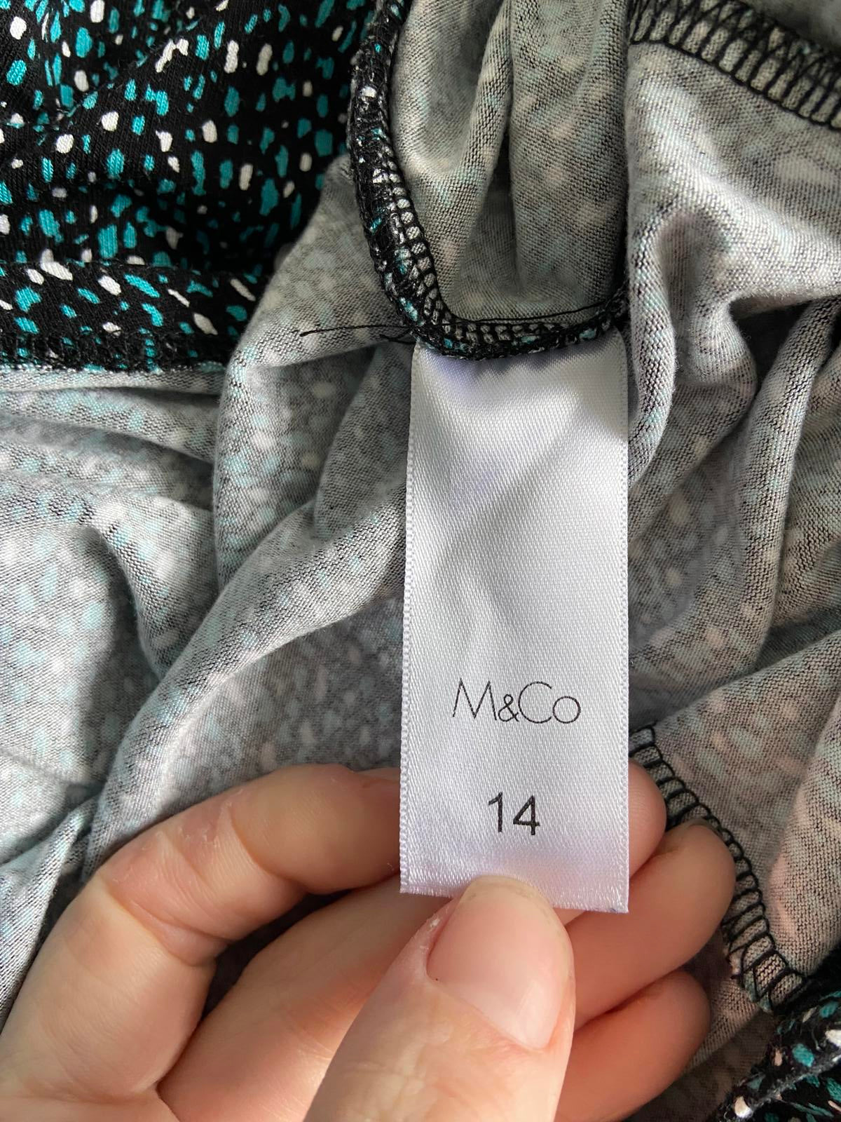 M&Co Size 14 Turquoise Black & White Abstract Print Knot Waist Jersey Dress
