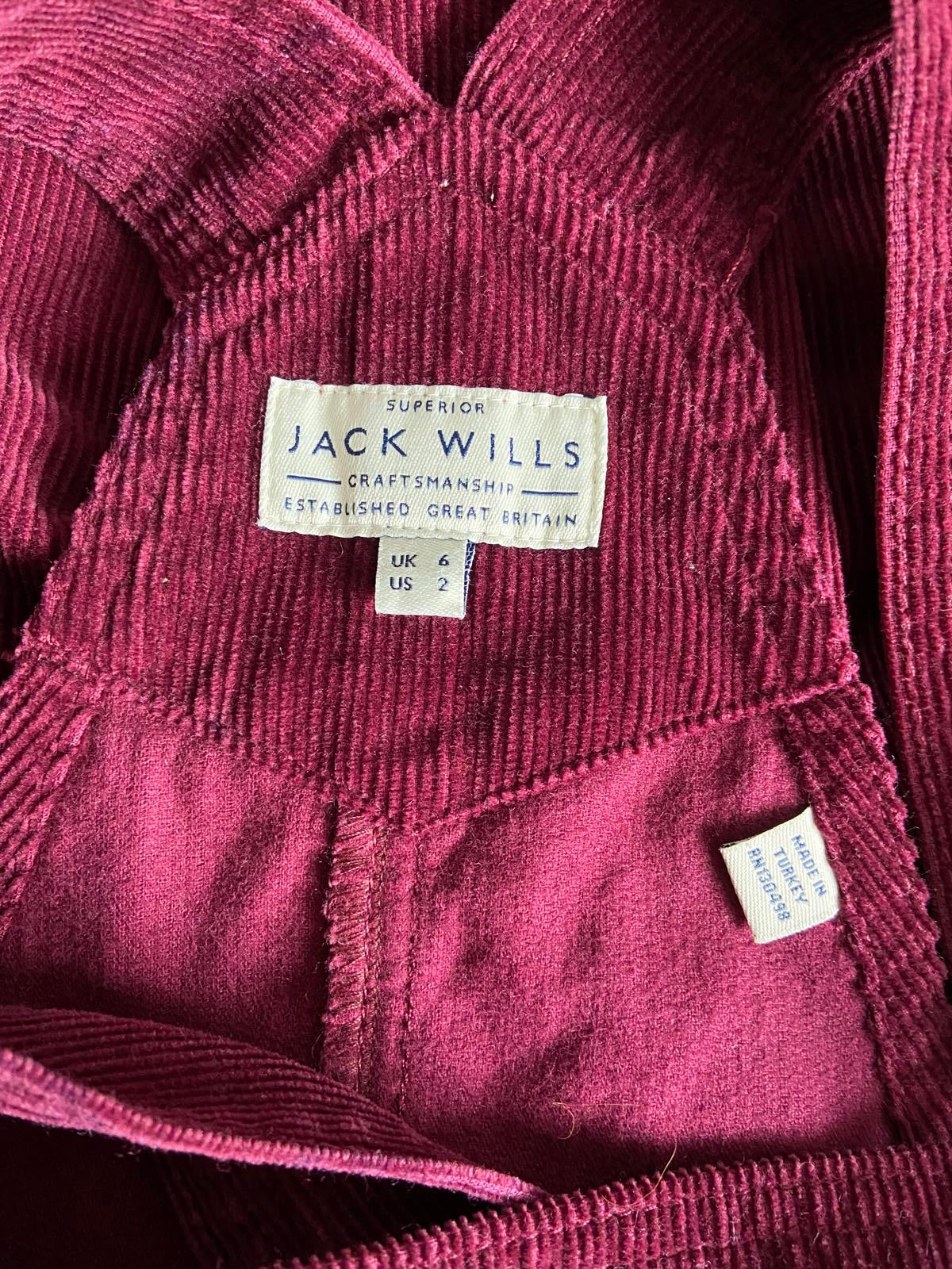 Jack Wills Size 6 Burgundy Corduroy Cotton Pinafore Dungaree Mini Skirt Dress
