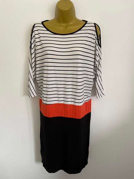 Store Twenty One Size 10 Monochrome Stripe & Orange Colour Block Shoulder Dress