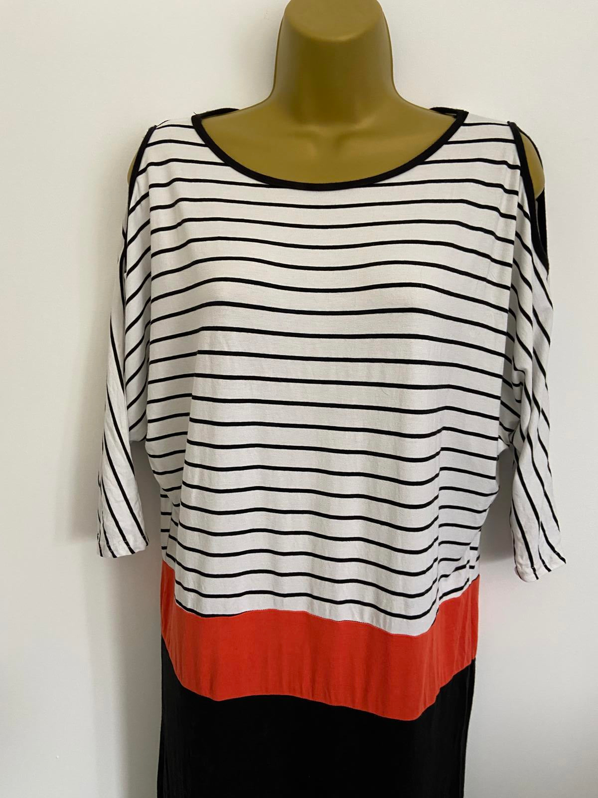 Store Twenty One Size 10 Monochrome Stripe & Orange Colour Block Shoulder Dress