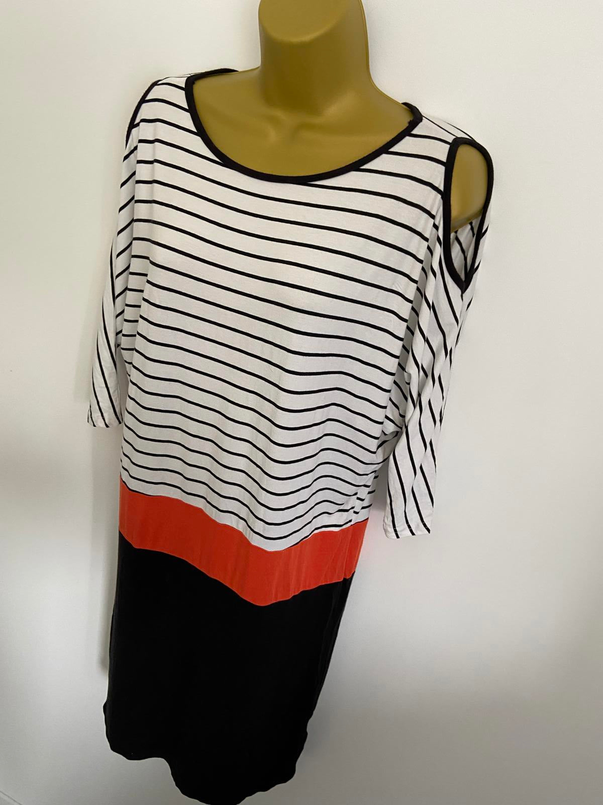 Store Twenty One Size 10 Monochrome Stripe & Orange Colour Block Shoulder Dress