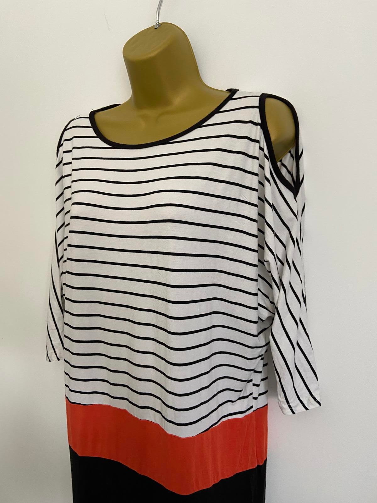 Store Twenty One Size 10 Monochrome Stripe & Orange Colour Block Shoulder Dress