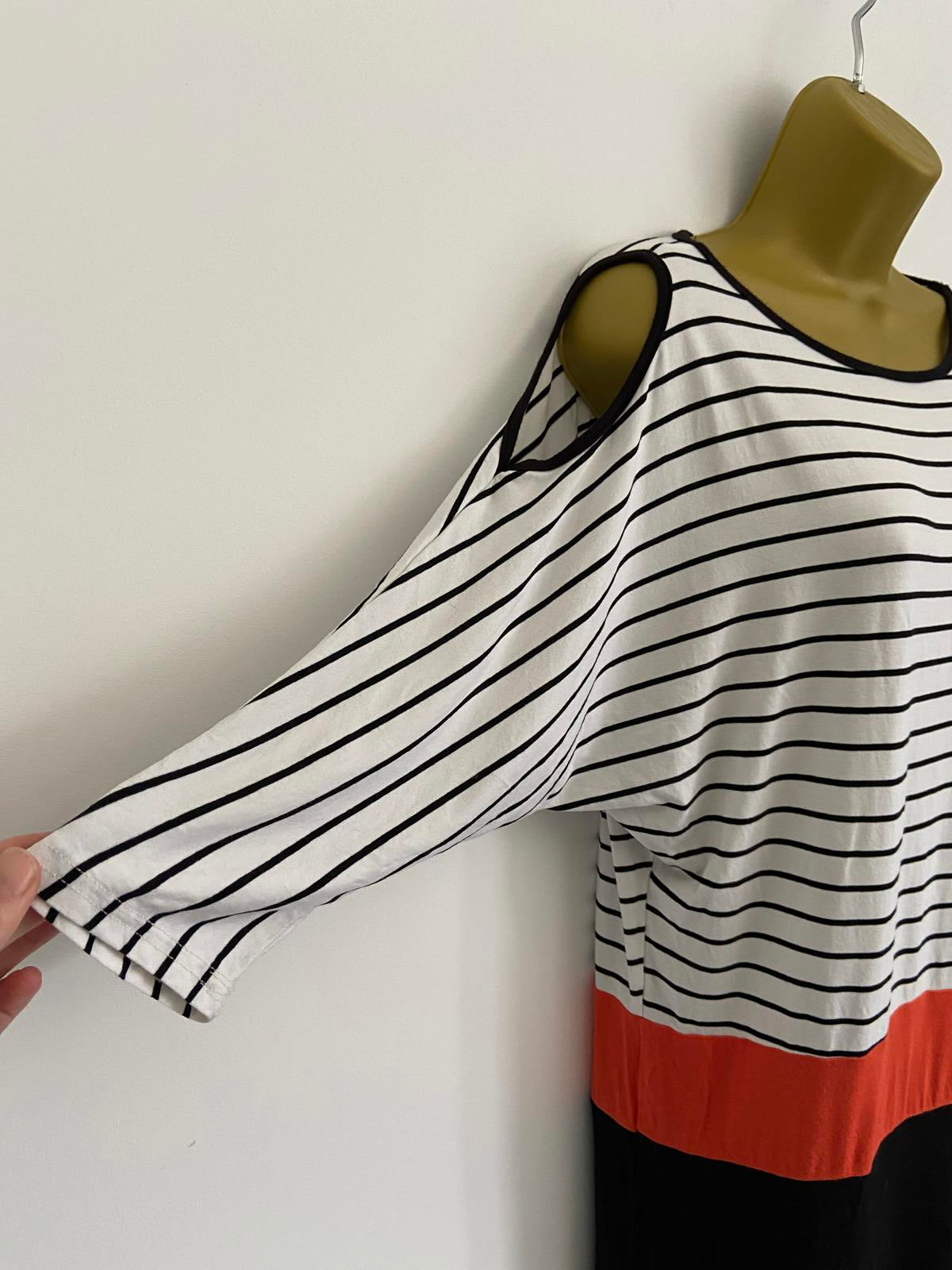 Store Twenty One Size 10 Monochrome Stripe & Orange Colour Block Shoulder Dress