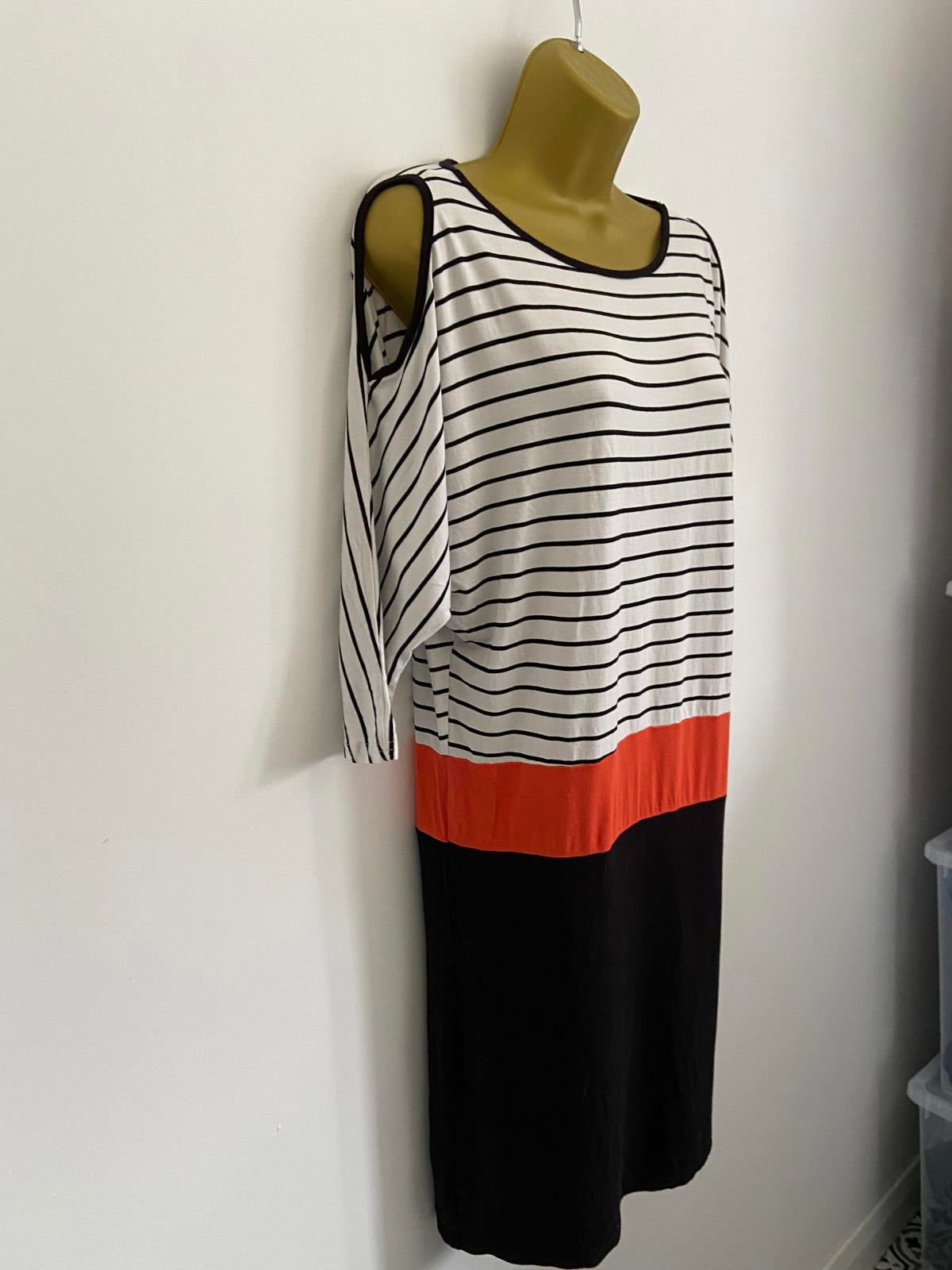 Store Twenty One Size 10 Monochrome Stripe & Orange Colour Block Shoulder Dress