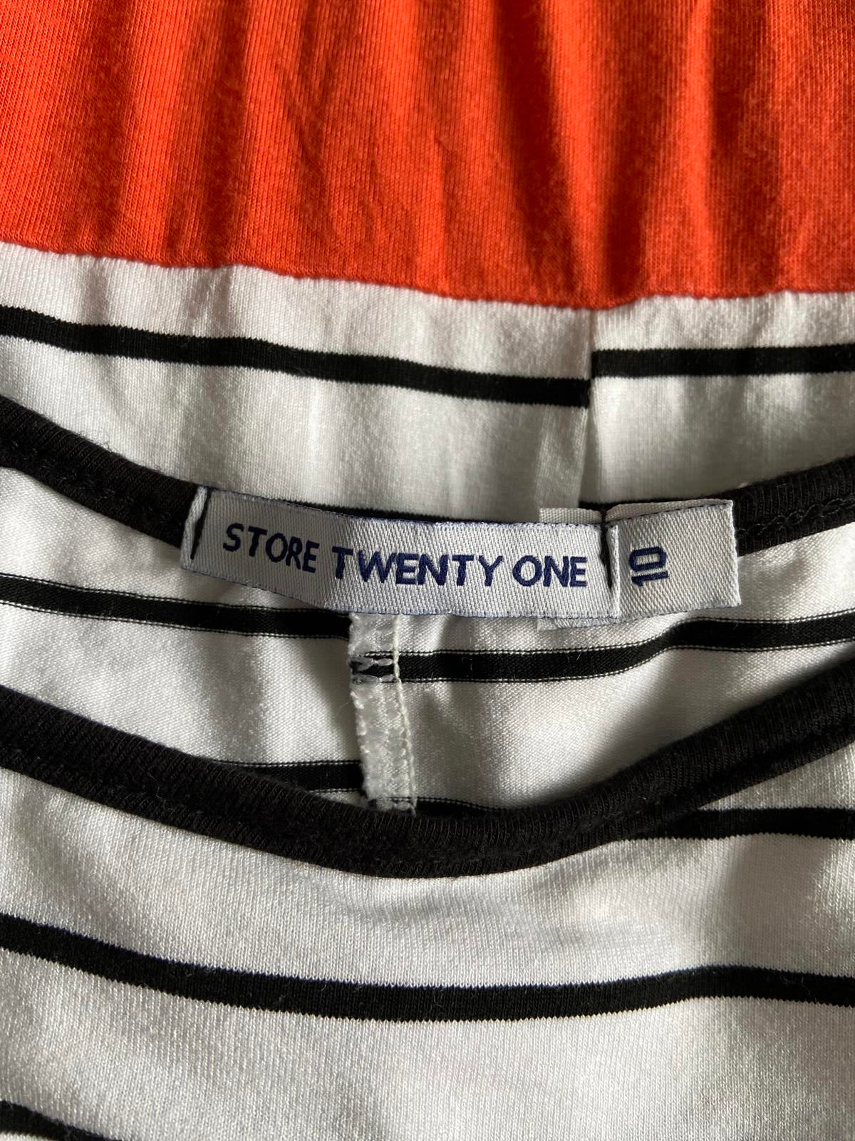 Store Twenty One Size 10 Monochrome Stripe & Orange Colour Block Shoulder Dress