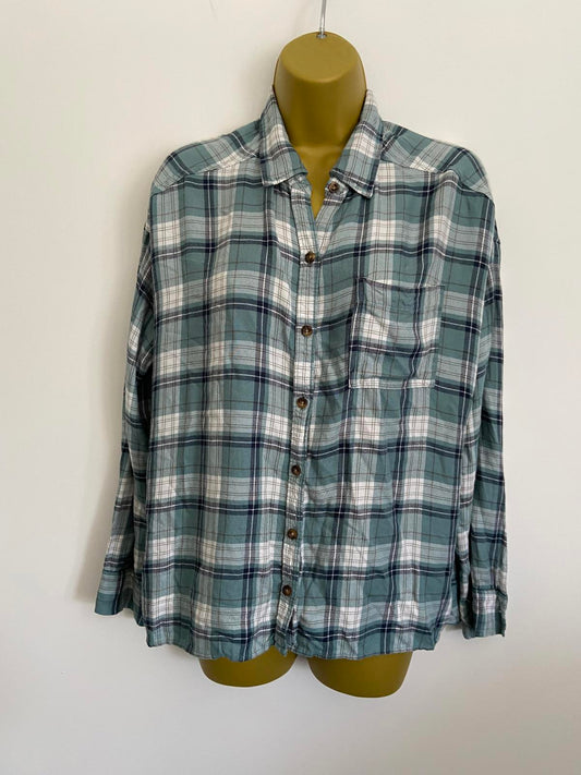 Hollister Size XS Turquoise & White Plaid Flannel Long Sleeve Button Down Shirt
