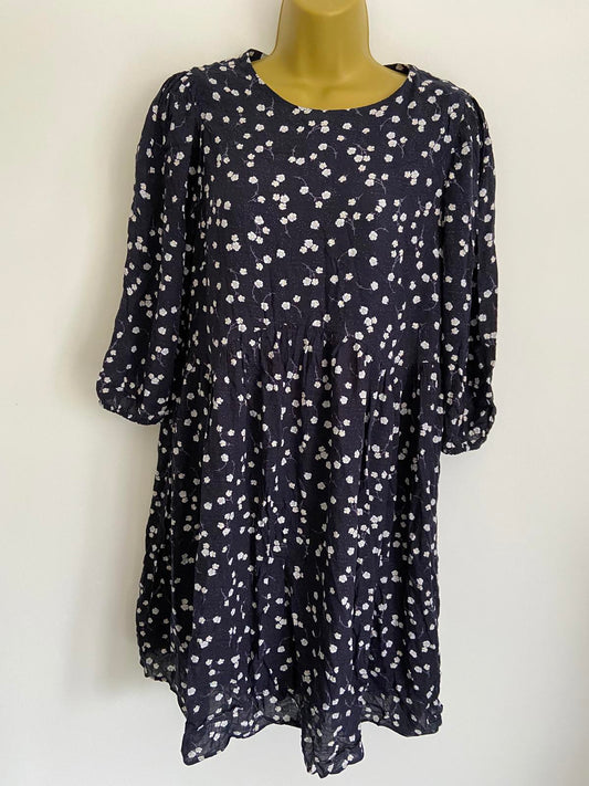 Oliver Bonas Size 8 Navy Blue Ditsy Floral Print Smock Dress Fully Lined