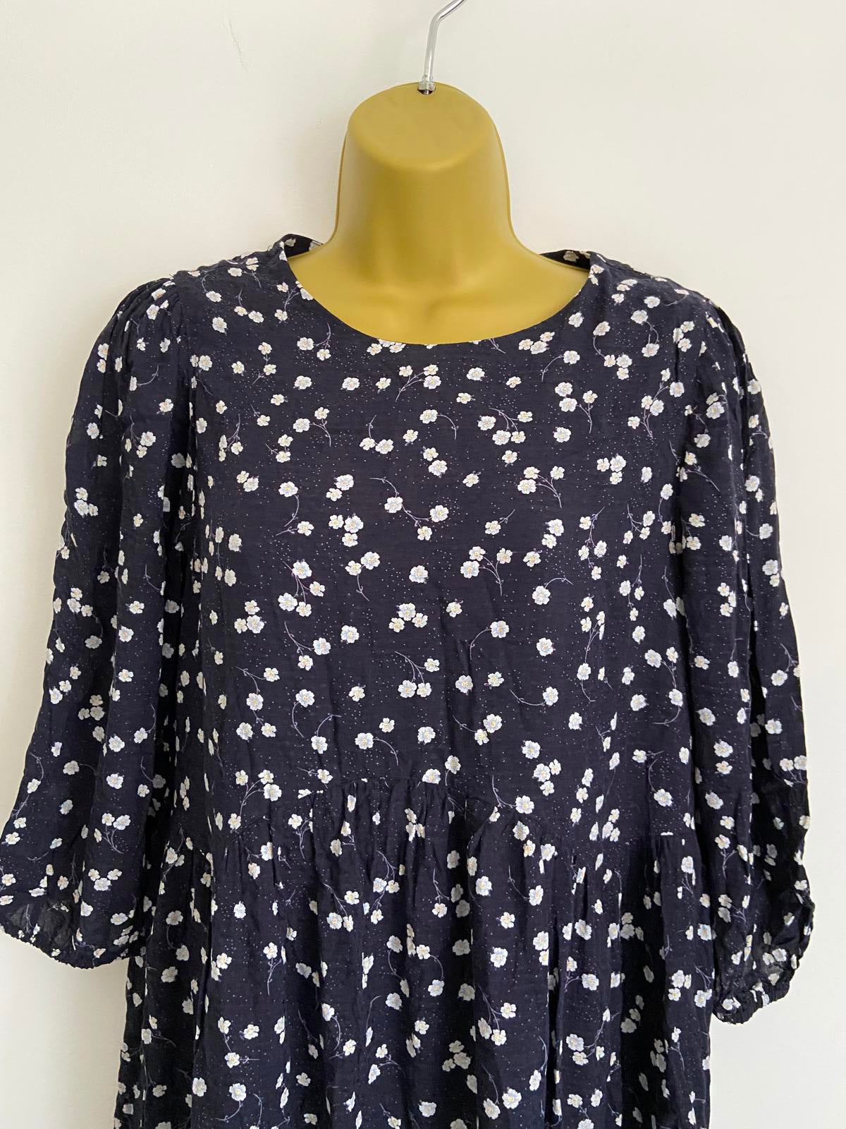Oliver Bonas Size 8 Navy Blue Ditsy Floral Print Smock Dress Fully Lined