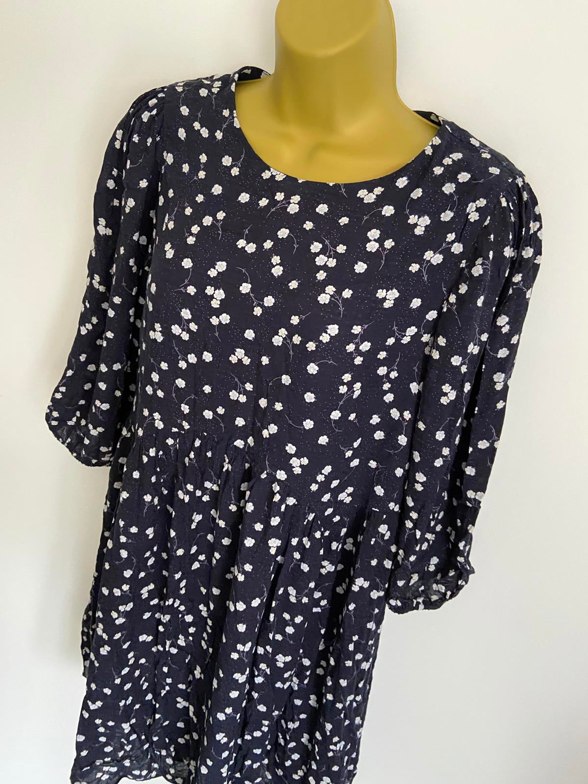 Oliver Bonas Size 8 Navy Blue Ditsy Floral Print Smock Dress Fully Lined