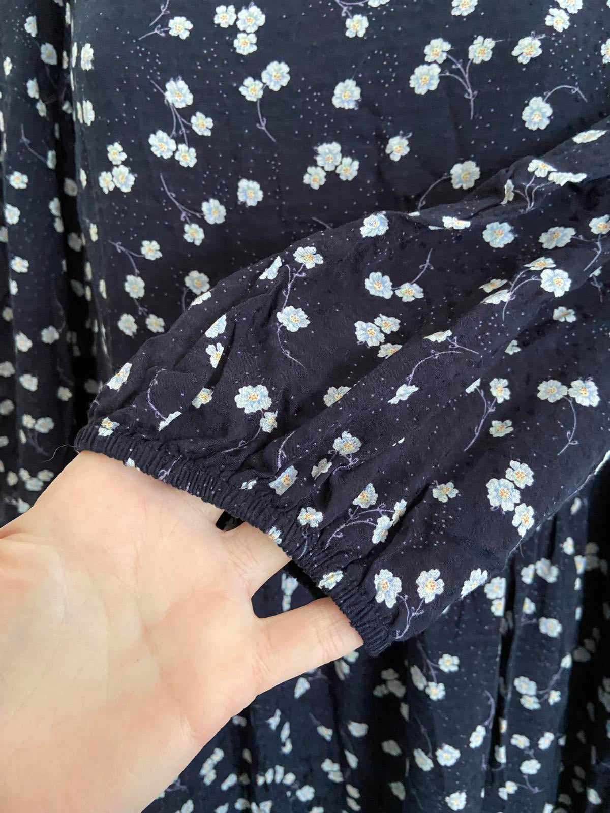 Oliver Bonas Size 8 Navy Blue Ditsy Floral Print Smock Dress Fully Lined