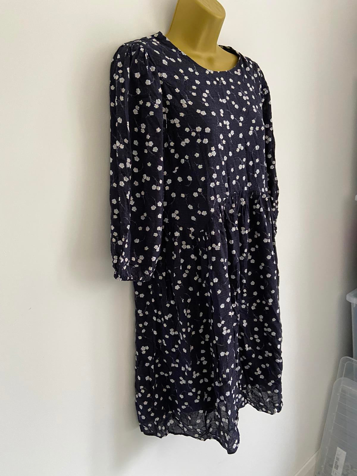 Oliver Bonas Size 8 Navy Blue Ditsy Floral Print Smock Dress Fully Lined