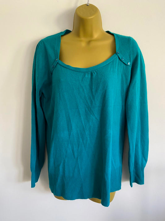 EVIE Ladies Turquoise Blue Lightweight Sweater - Scoop Neck, Button, Size 14-16