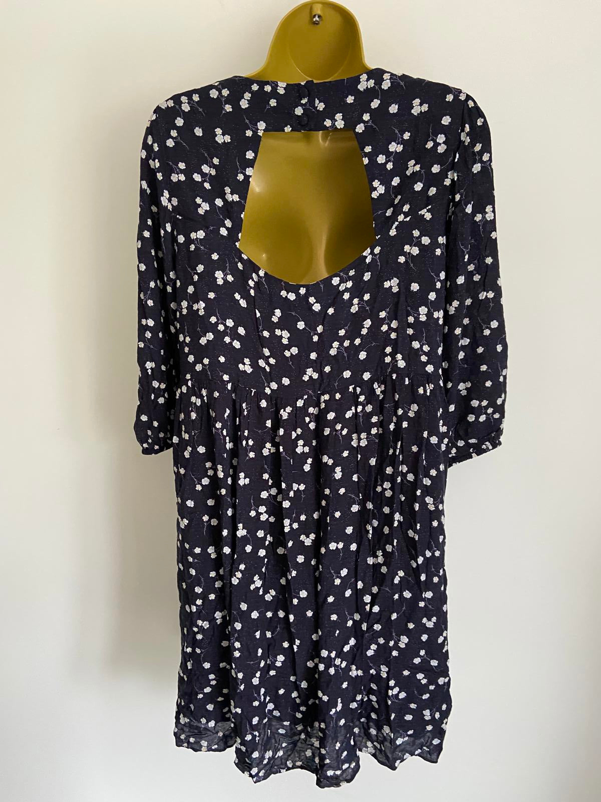 Oliver Bonas Size 8 Navy Blue Ditsy Floral Print Smock Dress Fully Lined