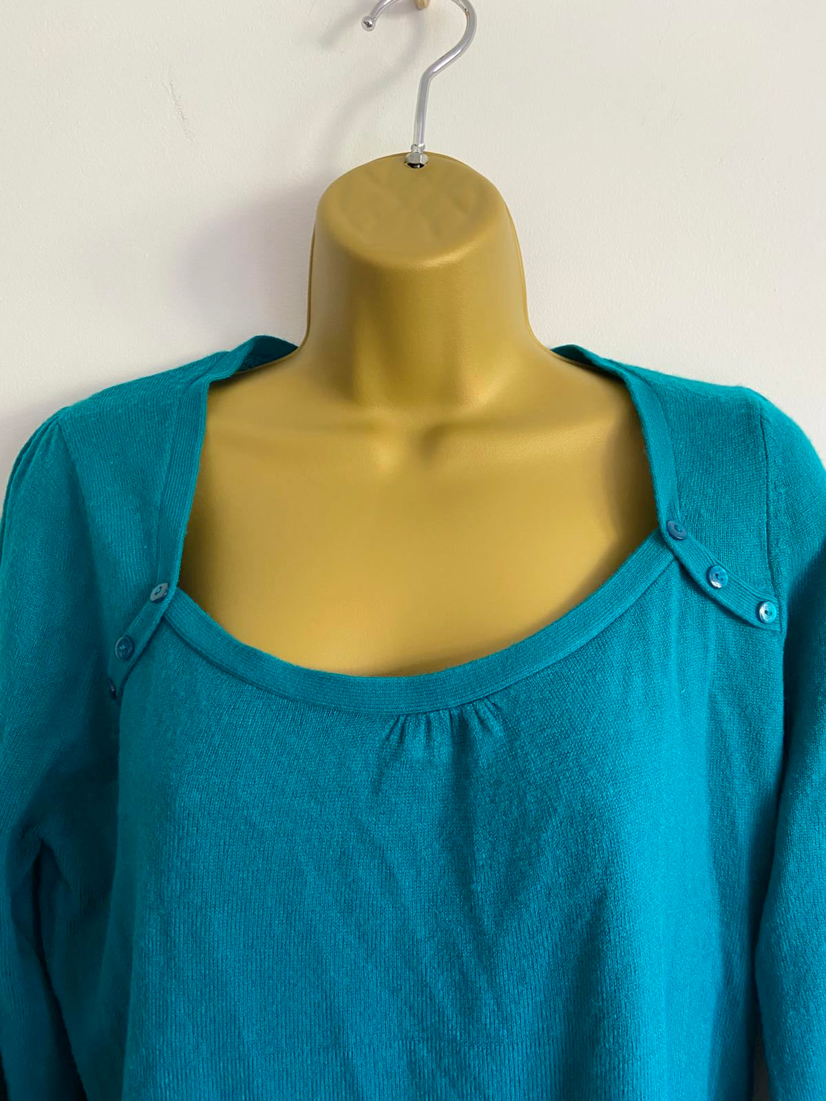 EVIE Ladies Turquoise Blue Lightweight Sweater - Scoop Neck, Button, Size 14-16
