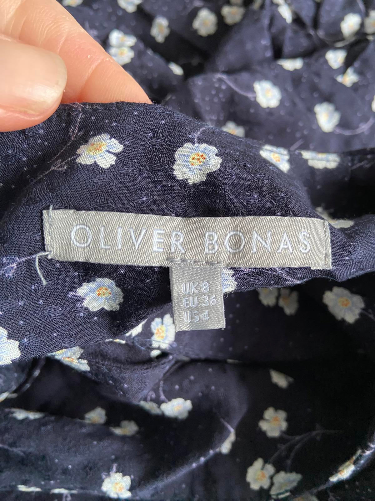 Oliver Bonas Size 8 Navy Blue Ditsy Floral Print Smock Dress Fully Lined