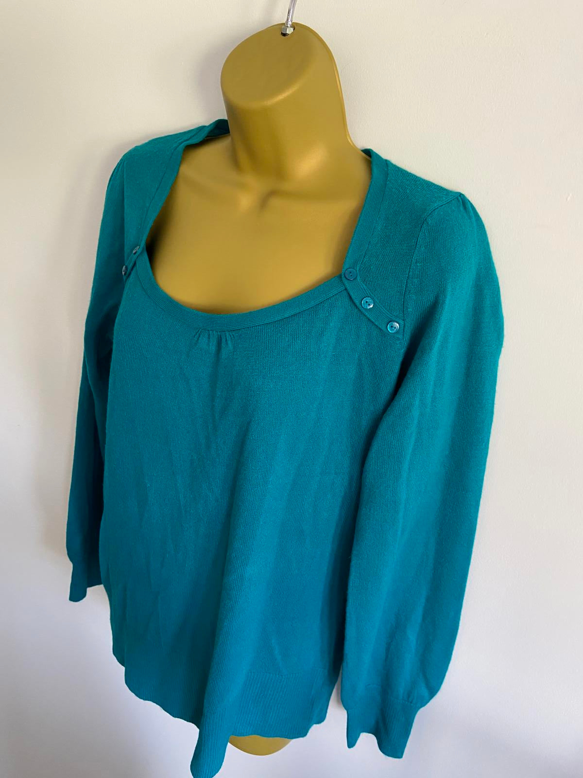 EVIE Ladies Turquoise Blue Lightweight Sweater - Scoop Neck, Button, Size 14-16