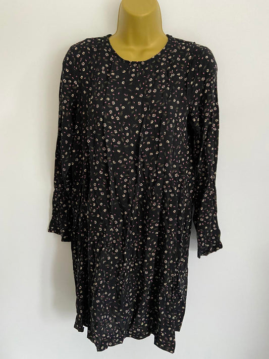 H&M Size 10 Black Ditsy Floral Print Long Sleeve Viscose Dress