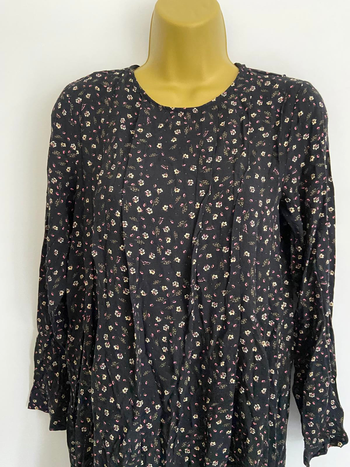 H&M Size 10 Black Ditsy Floral Print Long Sleeve Viscose Dress