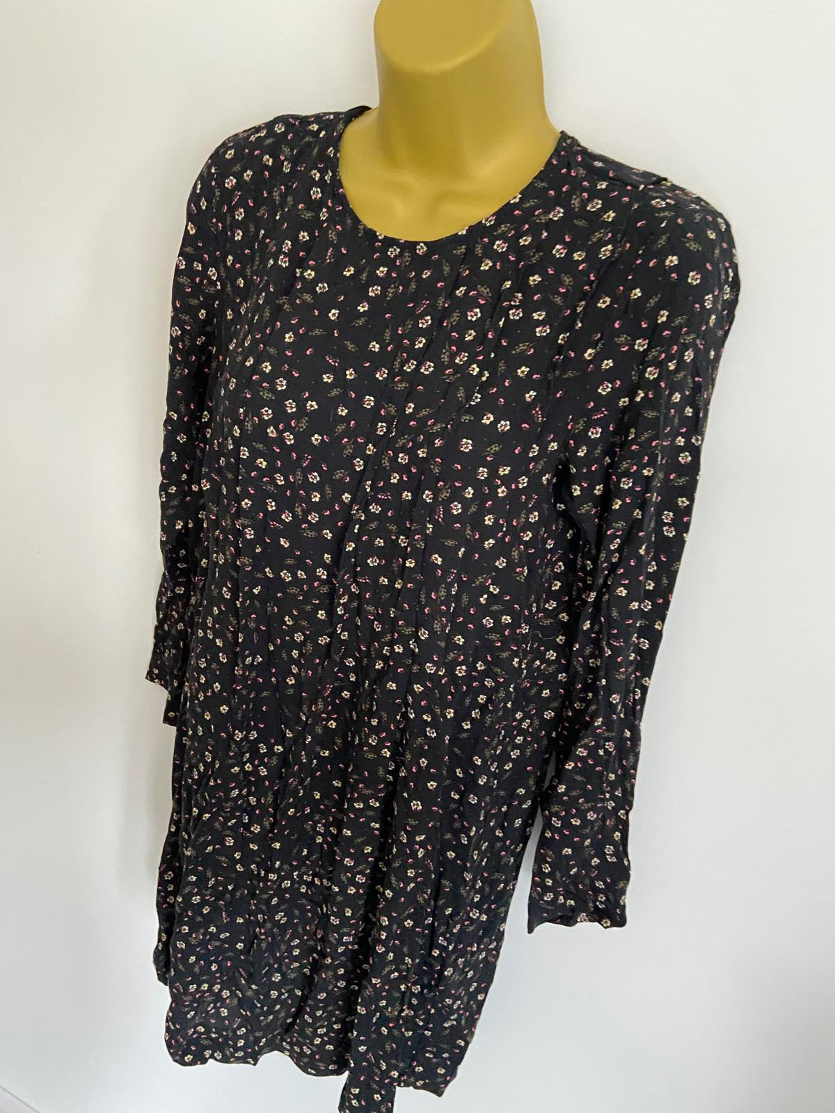 H&M Size 10 Black Ditsy Floral Print Long Sleeve Viscose Dress