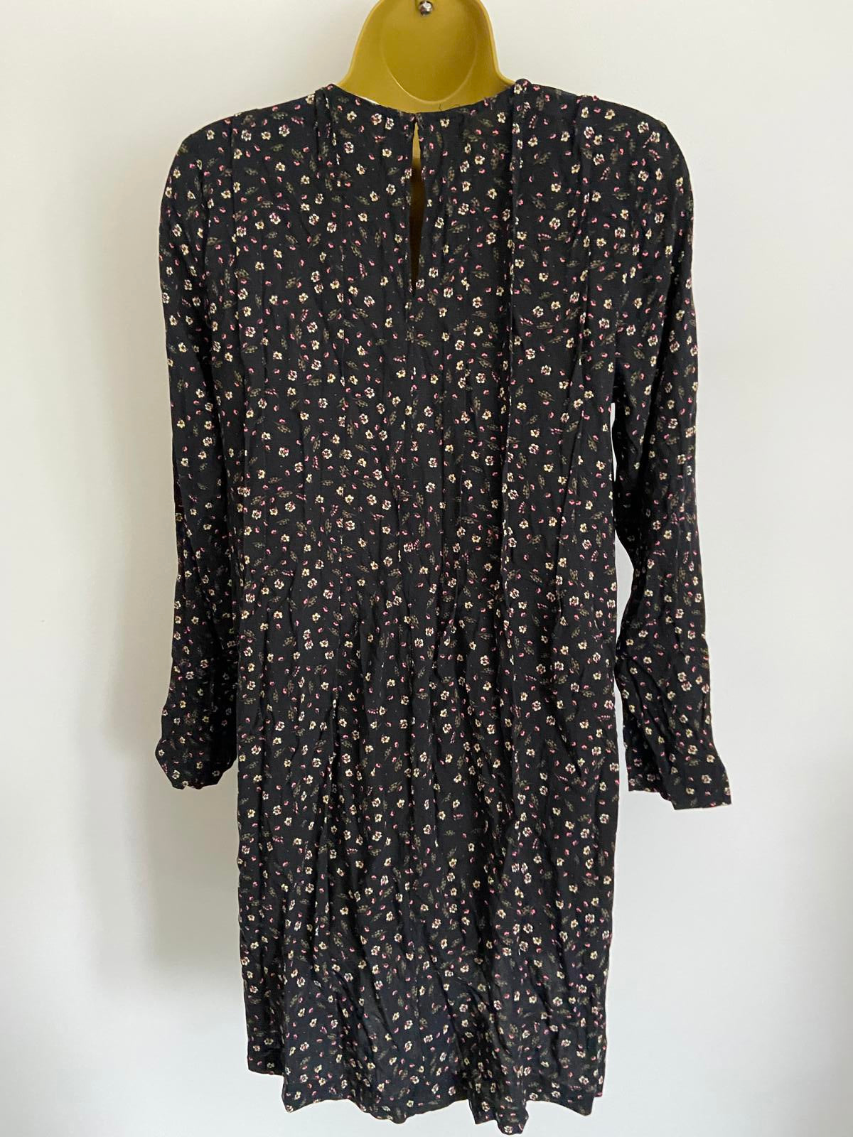 H&M Size 10 Black Ditsy Floral Print Long Sleeve Viscose Dress