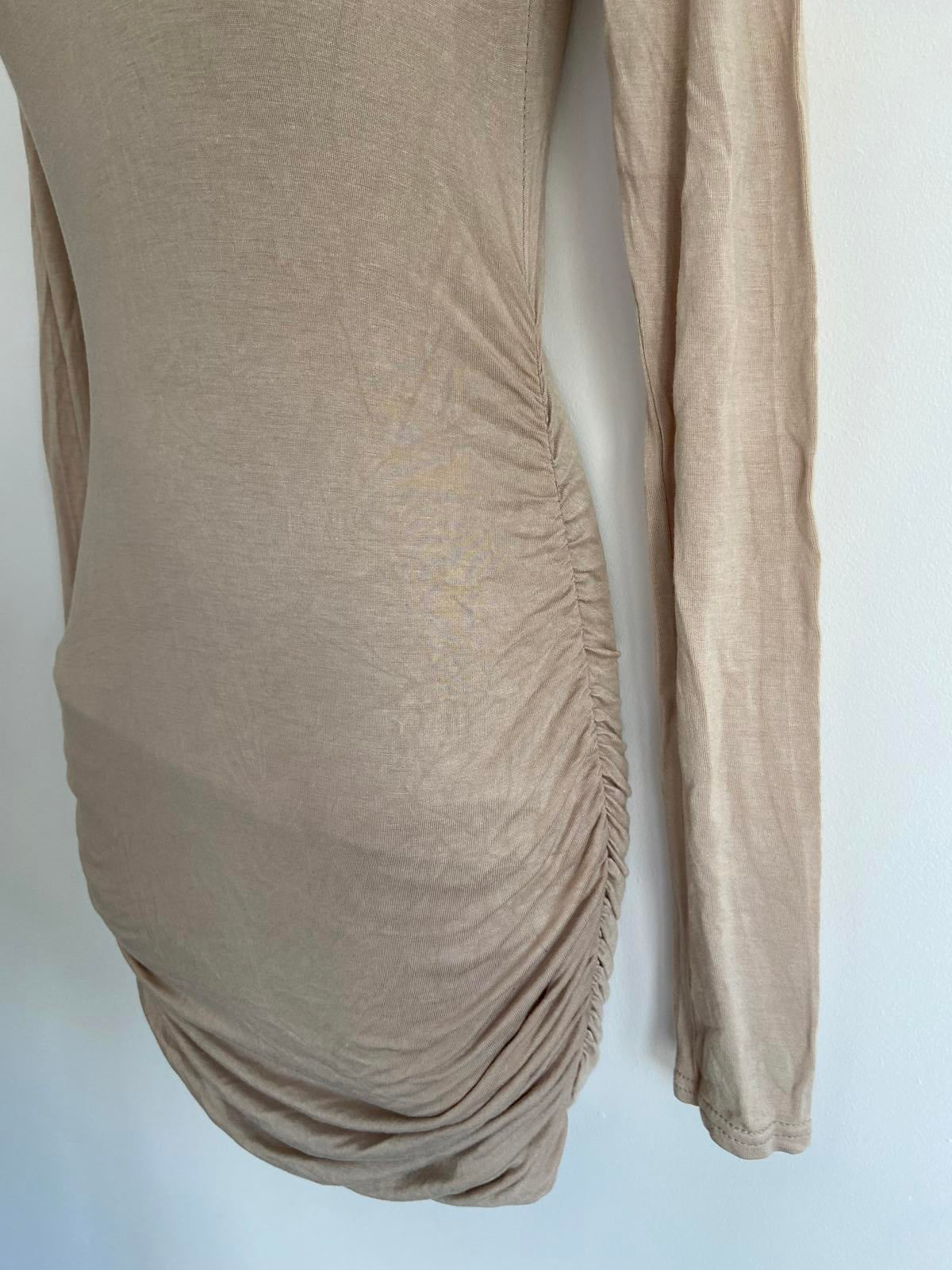 Boohoo Size 8 Beige Ruched Bodycon Dress