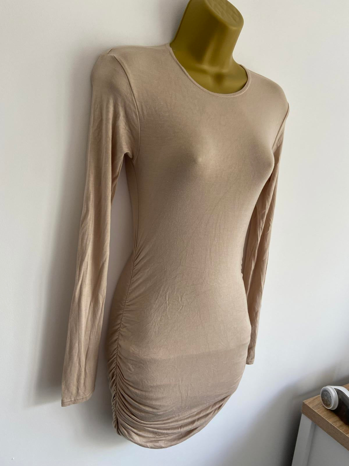 Boohoo Size 8 Beige Ruched Bodycon Dress